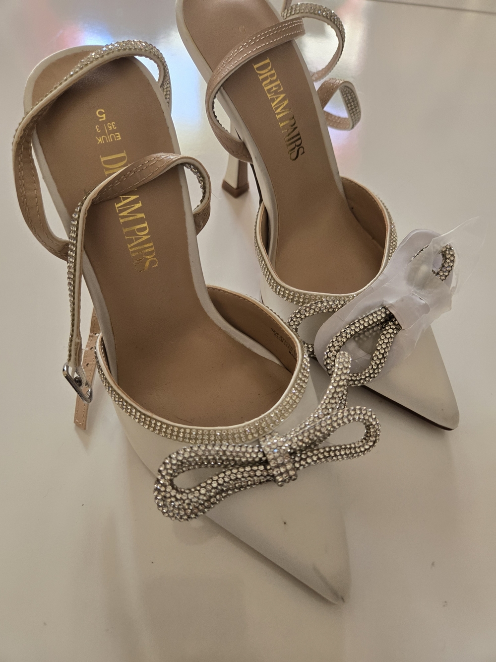 Dream Pairs Ivory Pointed Toe Crystal Bow Ankle Strap Heels